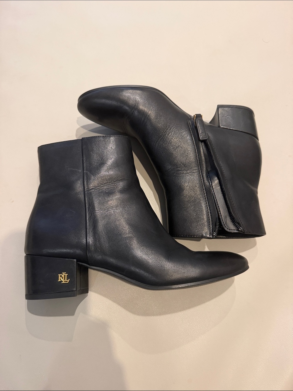 Ralph Lauren Black Leather Ankle Booties with RL Heel Accents size 6.5B